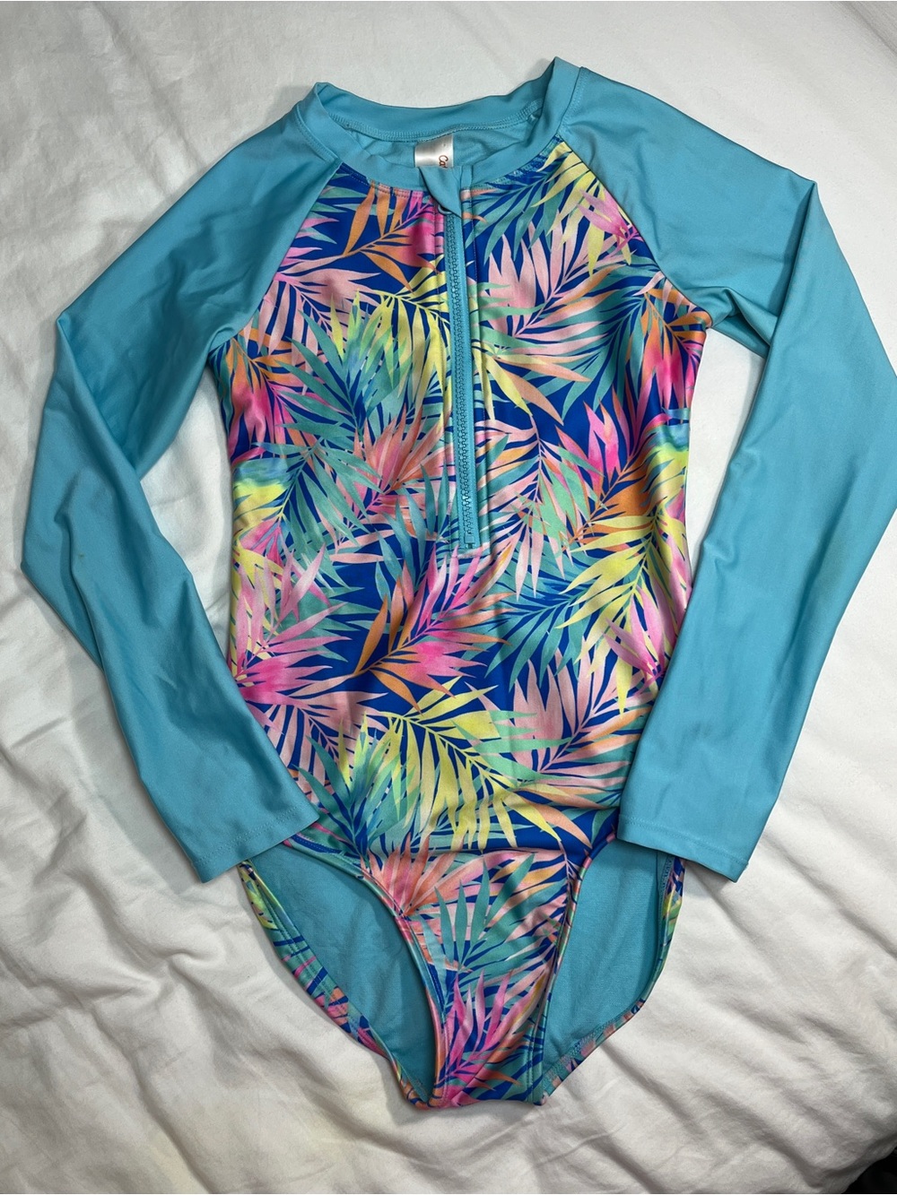 Cat & Jack Tropical Palm Print One Piece Rash Guard Swimsuit Blue Girls L 10/12 - Picture 2 of 8